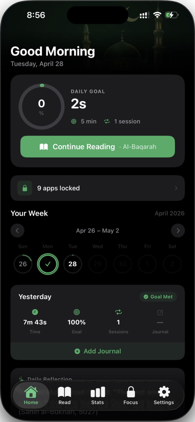 Quran First home screen showing daily Quran progress and locked apps